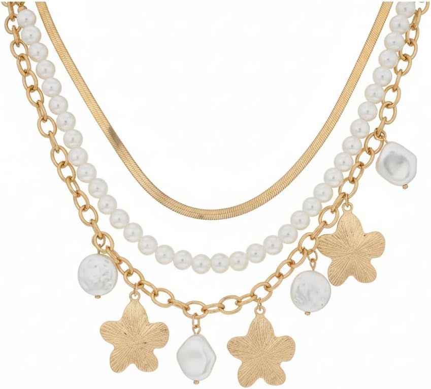 BC22533-Pretty Precious Layered Necklace Set, Gold, Pearl and Shell Charms, Multi-Strand Chain, Beach Ocean Theme