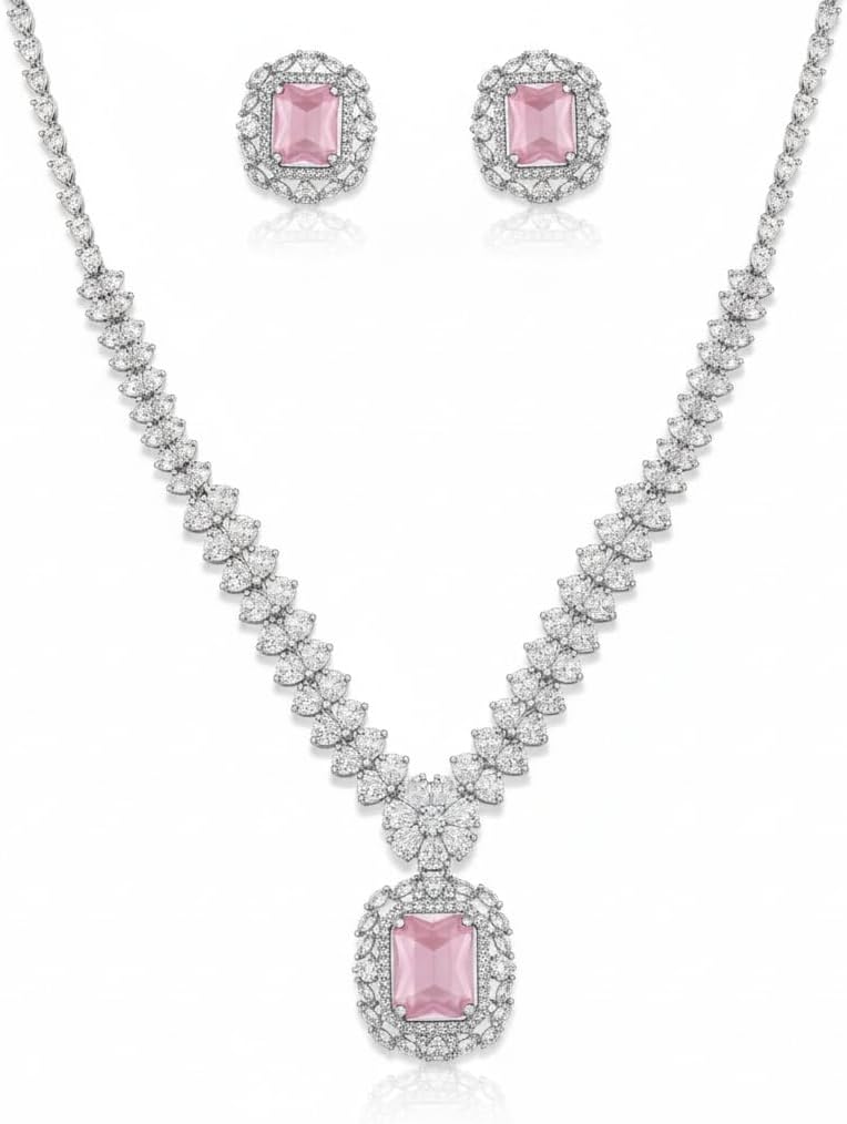 1403-Pretty Precious AD Necklace Set for Women | Rhodium Plated American Diamond Necklace & Earrings Set | Party, Wedding & Festive Jewellery-Pink Colour