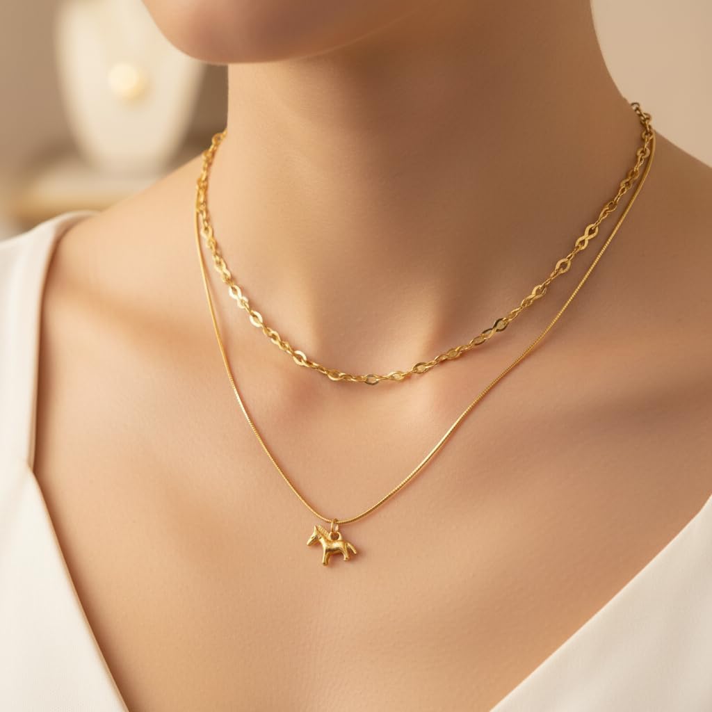 BC12527- Pretty Precious Layered Gold Chain Necklace Set with Horse Pendant Charm, Double Layer Snake Chain and Link Chain