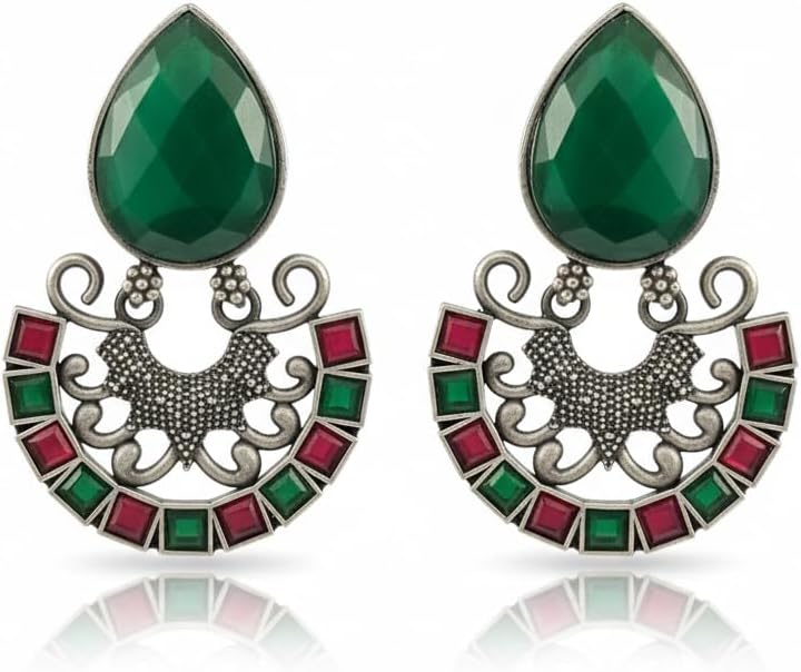 1525-Pretty Precious Oxidised Silver Stylish Party Wear Earrings for Women and Girls-Ruby Green