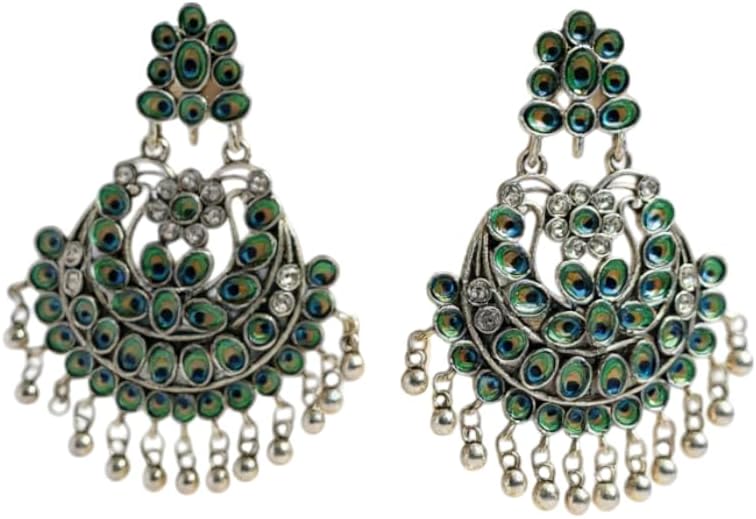 1343-(Design-1)-Pretty Precious Oxidised Silver Peacock Chandbali Earrings for Women, Party Wear Dangle Earrings with Cubic Zirconia Stones, Silver Plating