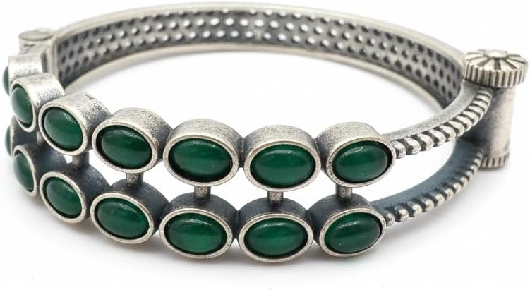 1502-Pretty Precious Oxidised Silver Look Screw Openable Kada Bracelet for Women & Girls | Ethnic & Party Wear Jewellery-Green