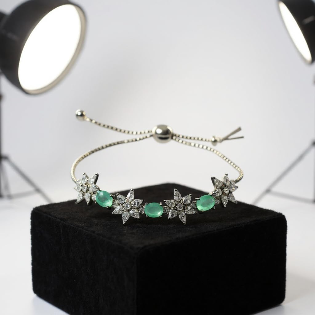 1364-Pretty Precious Adjustable chain Bracelet Cubic Zircon/American Diamond Rohdium Plated for Women and Girls-Mint colour