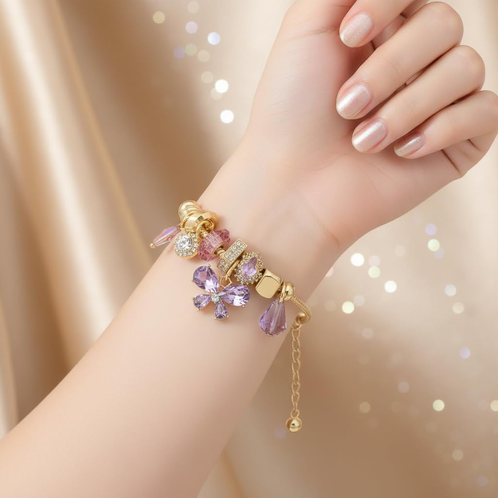 BC26141-Pretty Precious Gold Charm Bracelet with Flowers, Heart, Clover Charms, Snake Chain, Crystal Accents-Different Designs