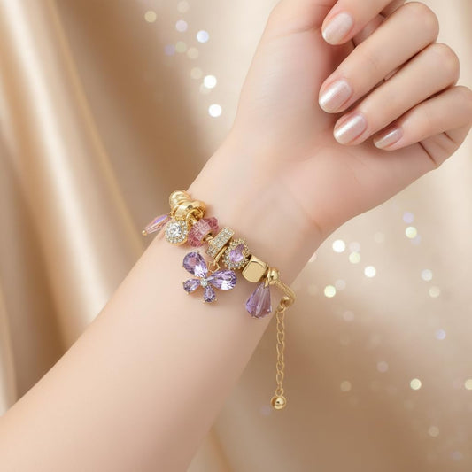 BC26141-Pretty Precious Gold Charm Bracelet with Flowers, Heart, Clover Charms, Snake Chain, Crystal Accents-Different Designs