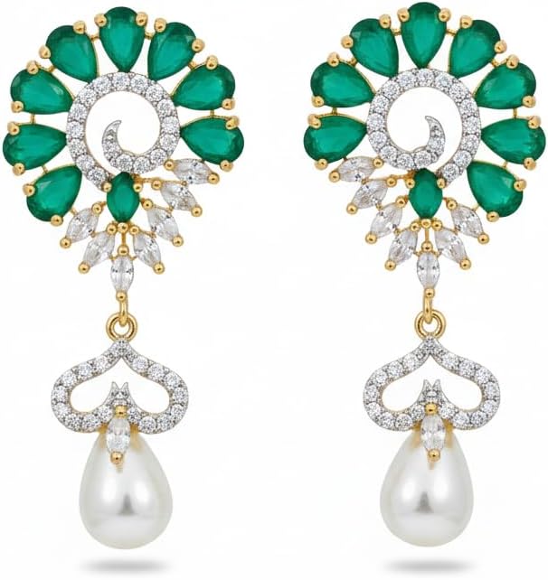 438463-Pretty Precious Two Tone Plated American Diamond Earrings for Women & Girls | AD Cubic Zirconia Stud Earrings | Gold & Silver Tone Elegant Jewellery | Party & Wedding Wear-Green