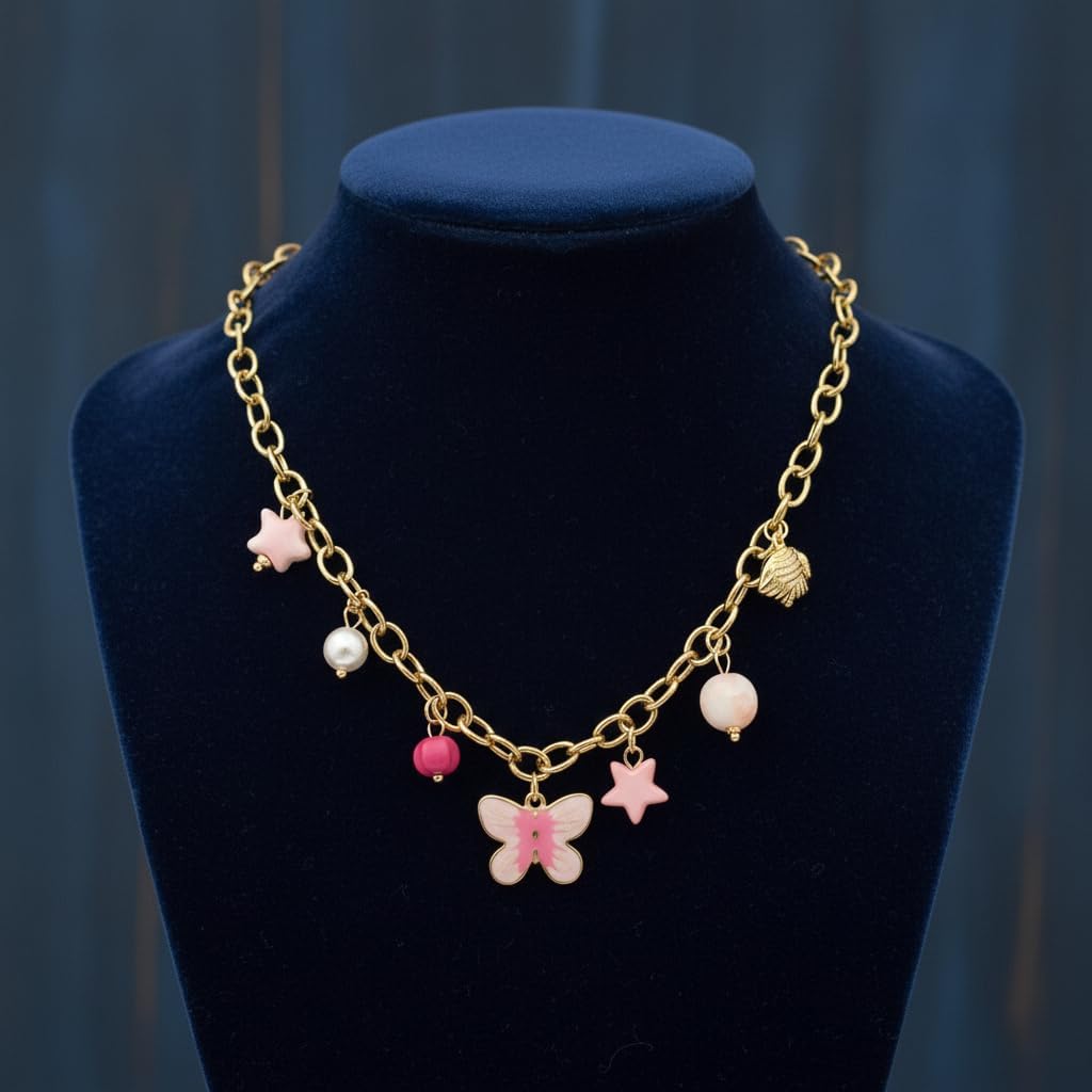 1370-Pretty Precious Premium Jewellery Mala Chain Necklace, Gold-Tone Stainless Steel, Pink Butterfly & Pearl Charms-Design-4