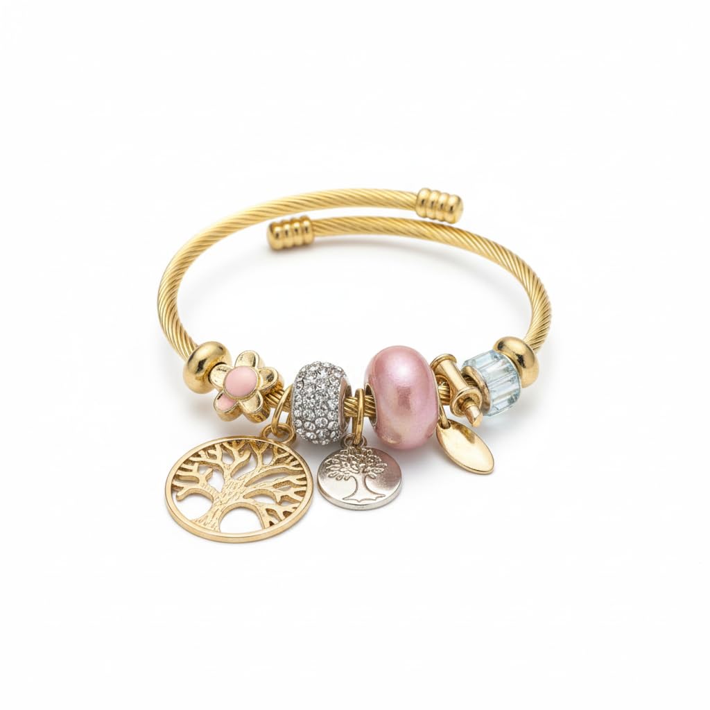 BC26141-Gold Tone Cable Bangle Bracelet with Beach Theme Charms, Seashell Starfish Flip Flop Dangles, Assorted Colours and Designs