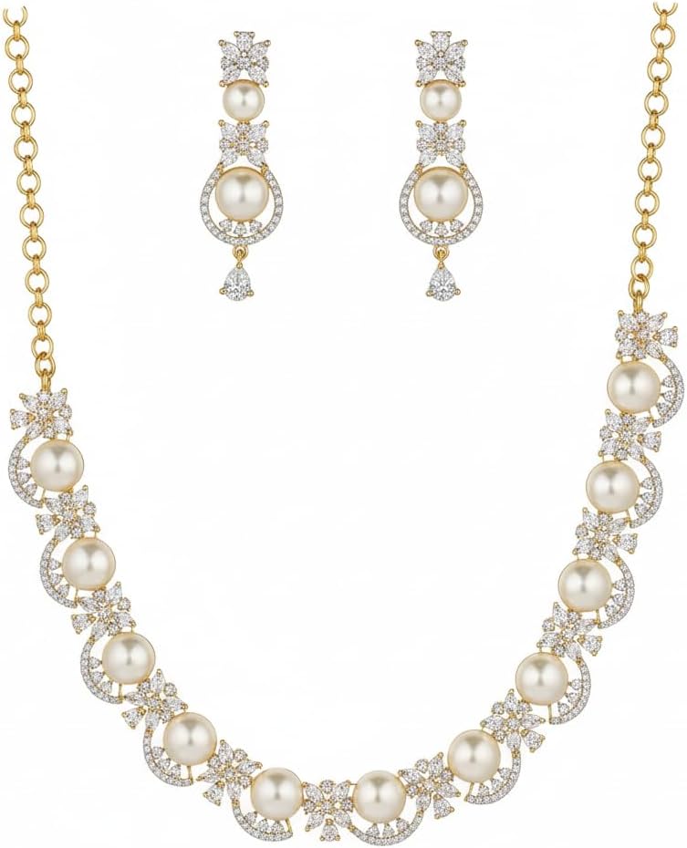 1405-Pretty Precious AD Necklace Set for Women | Two Tone American Diamond Necklace & Earrings Set | Party, Wedding & Festive Jewellery-Pearl