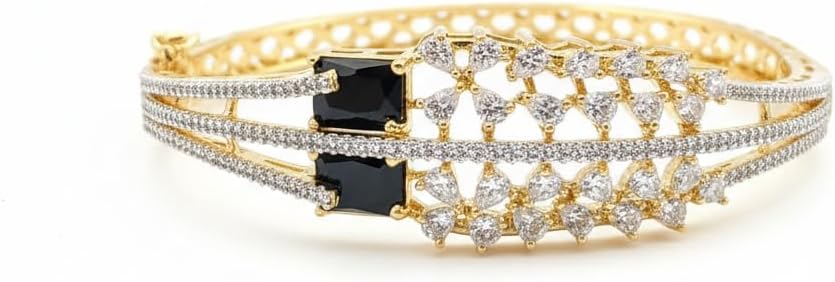 1419-Pretty Precious American Diamond Openable Kada Bracelet for Women, Gold & Silver Plating, Cubic Zirconia, One Size, Party & Wedding-Black