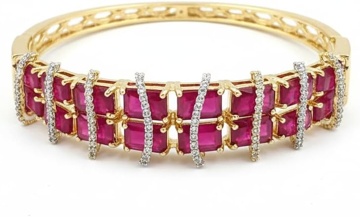 1415-Pretty Precious American Diamond Openable Kada Bracelet for Women, Gold & Silver Plating, Cubic Zirconia, One Size, Party & Wedding-Ruby