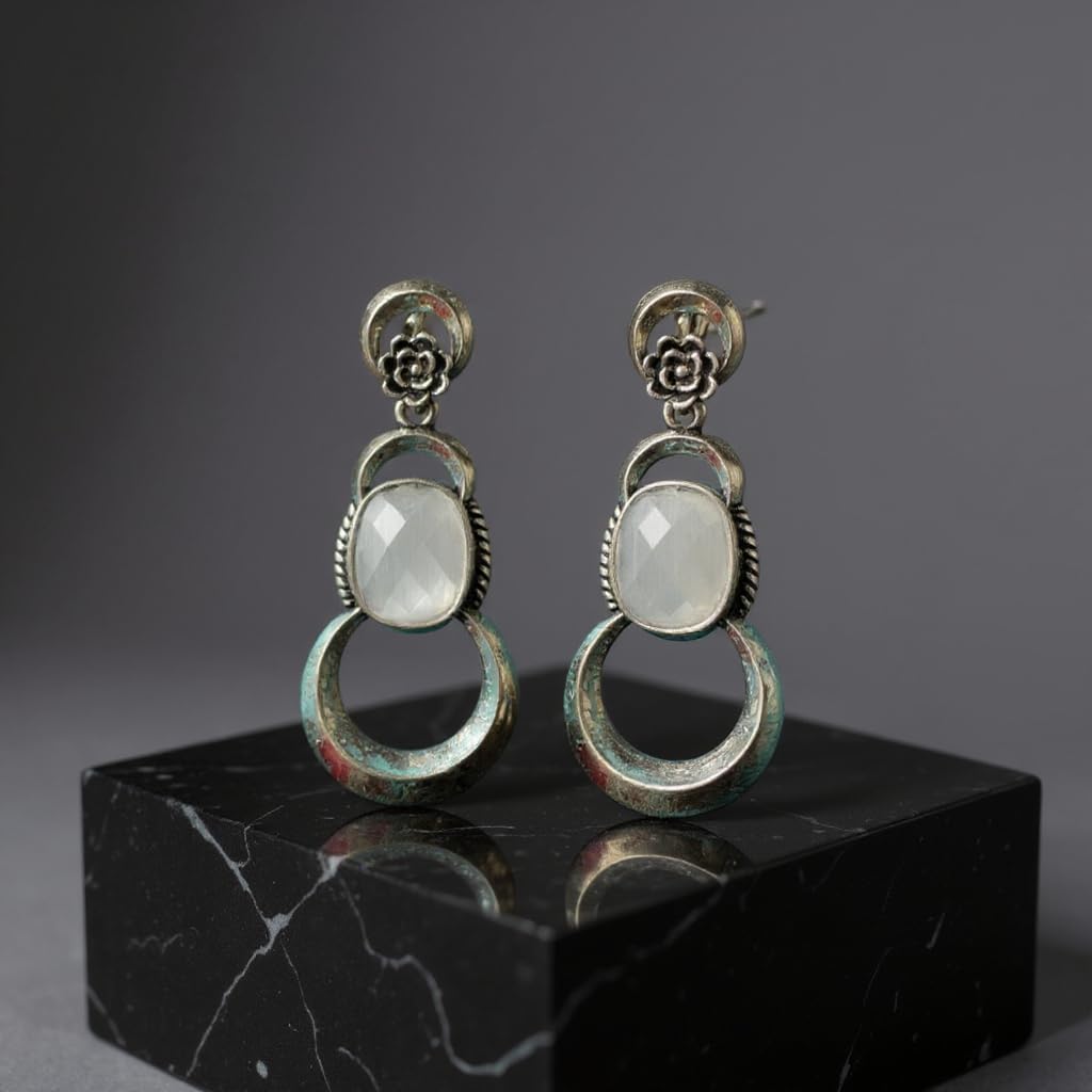 1356-Pretty Precious Oxidised Silver Stylish Party Wear Earrings for Women and Girls-White Colour