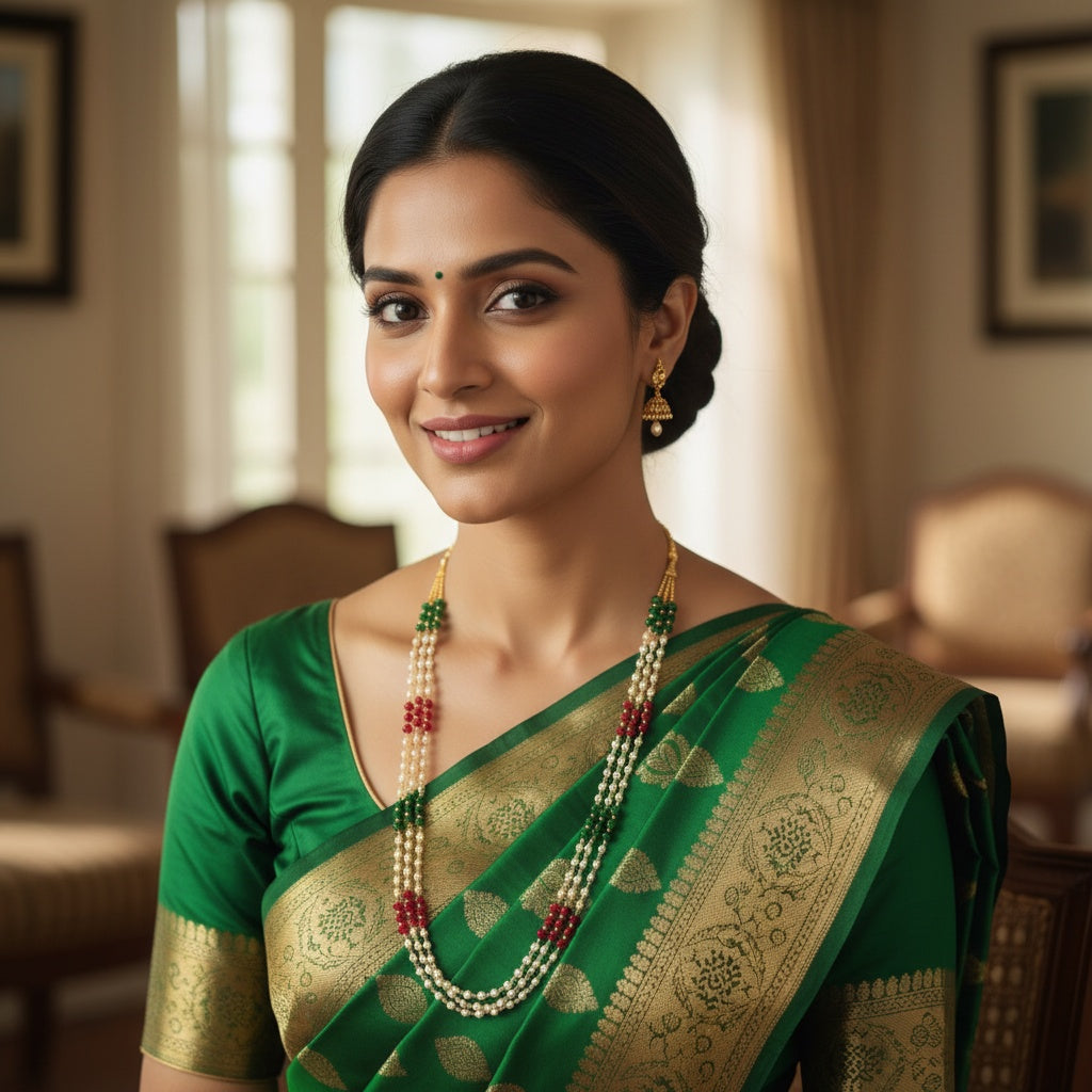 439848 Cubic Zirconia Mala Necklace With Gold Plating-Rubygreen