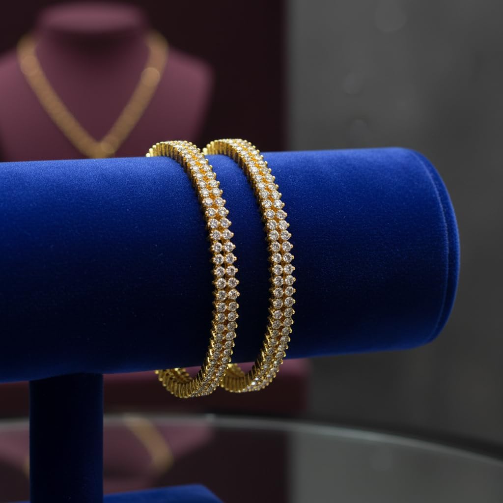 1482-Pretty Precious Two Tone Cubic Zirconia/American Diamond Traditional Bangles/Bracelet Set of 2 for Women and Girls- (Size 2.4)