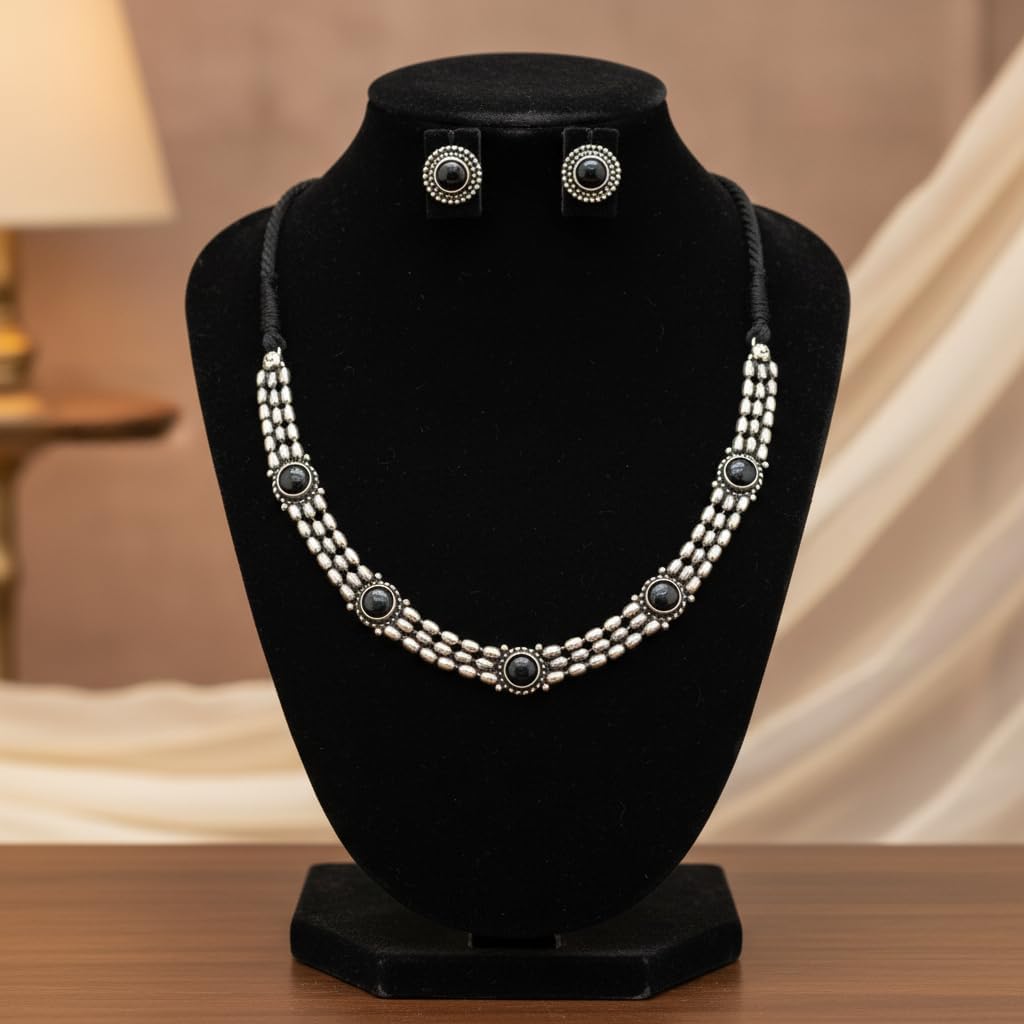 806760-Pretty Precious Latest Stylish Traditional Oxidised Silver Necklace Jewellery Set for Women | Antique Finish Ethnic Necklace with Matching Earrings | Festive & Party Wear-Black Colour