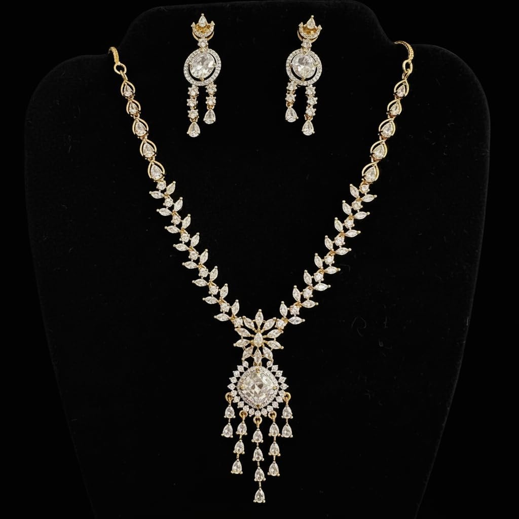 1406-Pretty Precious AD Necklace Set for Women | Two Tone American Diamond Necklace & Earrings Set | Party, Wedding & Festive Jewellery-White Colour