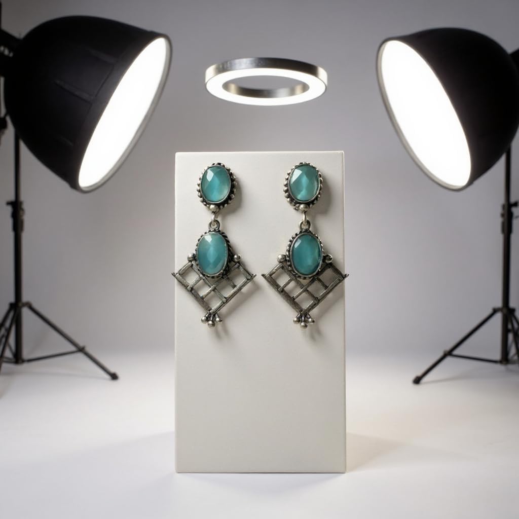 1361-Pretty Precious Oxidised Silver Stylish Party Wear Earrings for Women and Girls-Aqua Colour