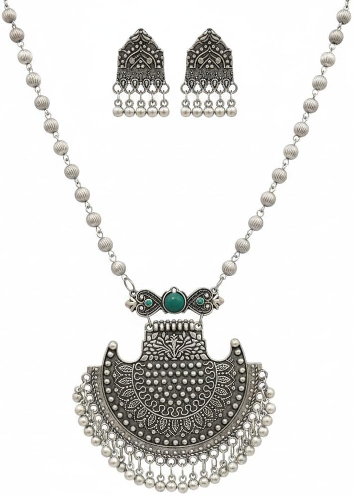 1565-Pretty Precious Latest Stylish Traditional Oxidised Silver Pendant Set for Women & Girls | Ethnic Necklace Jewellery Set for Festive & Casual Wear-Green