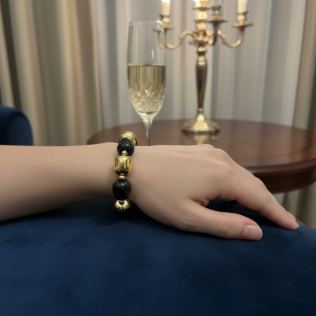 BC2584-Pretty Precious Natural Stone & Pearl Beaded Bracelet for Women | Stretchable Elastic Statement Bracelet | Handmade Fashion Jewellery | Black-Golden