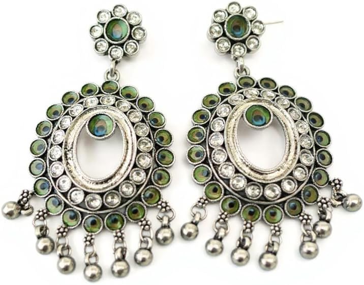 1343-(Design-2)-Pretty Precious Oxidised Silver Peacock Chandbali Earrings for Women, Party Wear Dangle Earrings with Cubic Zirconia Stones, Silver Plating