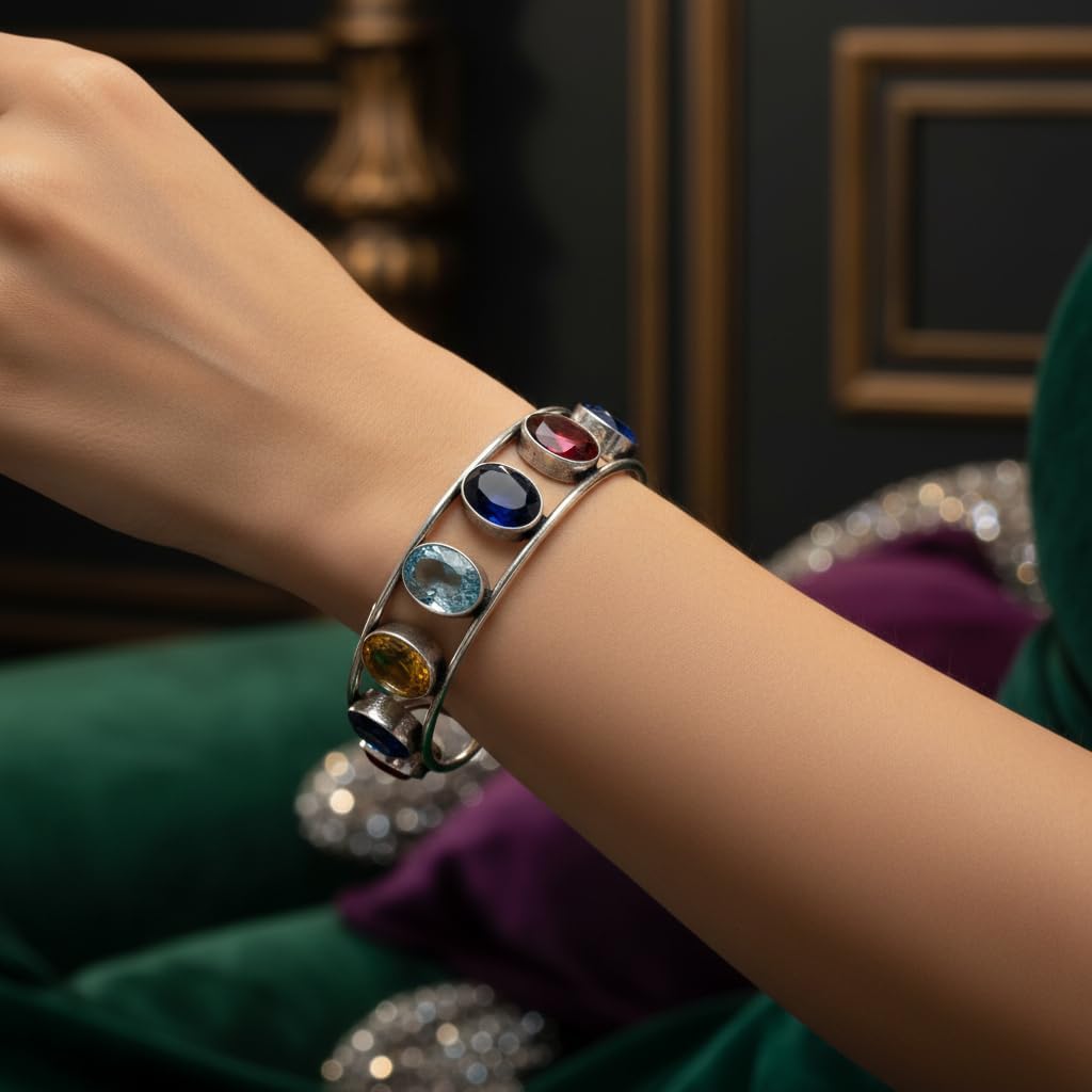 1505-Pretty Precious Multicolour Gemstone Cuff Bracelet, Silver Metal, Open Design, Oval Stones, Adjustable