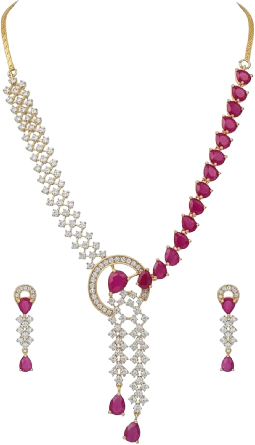 1404-Pretty Precious AD Necklace Set for Women | Two Tone American Diamond Necklace & Earrings Set | Party, Wedding & Festive Jewellery-Ruby Colour