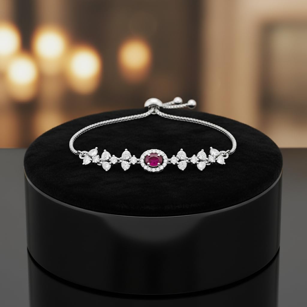 441062-Pretty Precious Adjustable chain Bracelet Cubic Zircon/American Diamond Rohdium Plated for Women and Girls-Ruby colour