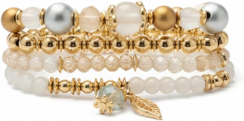 BC26154-Pretty Precious Boho Stackable Beaded Bracelet Set – Elastic Bracelets for Women – Coastal Inspired – Adjustable Handmade Beaded Bracelet (4-Piece Set)-Assorted Colour (White-Golden)