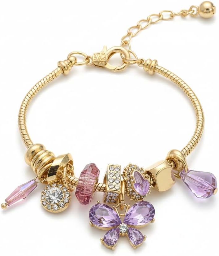 BC26141-Pretty Precious Gold Charm Bracelet with Flowers, Heart, Clover Charms, Snake Chain, Crystal Accents-Different Designs