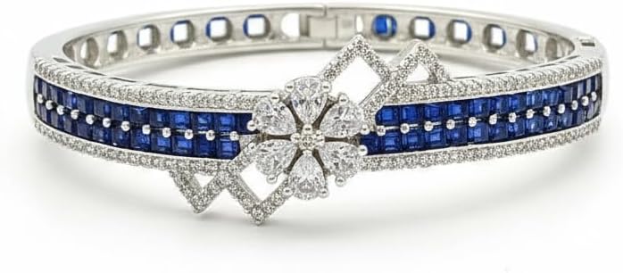 1409-Pretty Precious Rhodium Plated American Diamond Openable Kada Bracelet for Women, Cubic Zirconia, Alloy Steel-Blue