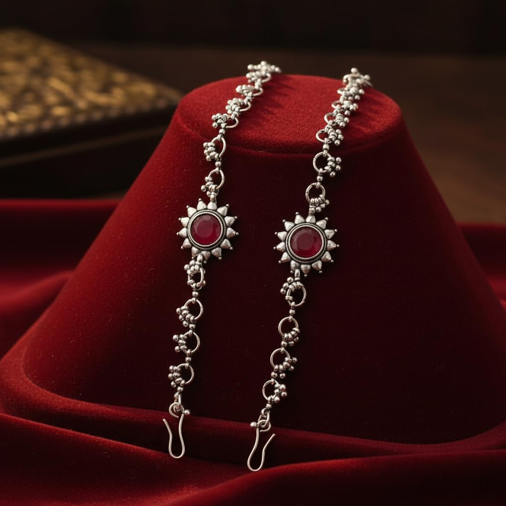 1517-Pretty Precious Oxidised Silver Anklet with Stone Embellishments, Twisted Chain Design, Decorative Clasp-Ruby Colour