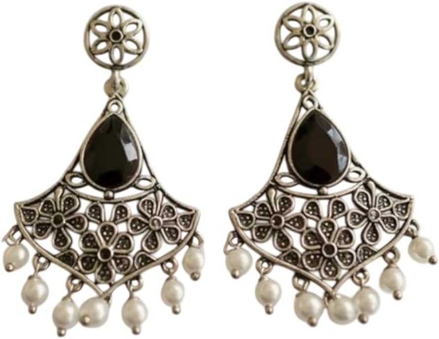 1360-Pretty Precious Oxidised Earrings for Women, Party Wear, Office Wear-Black Stone
