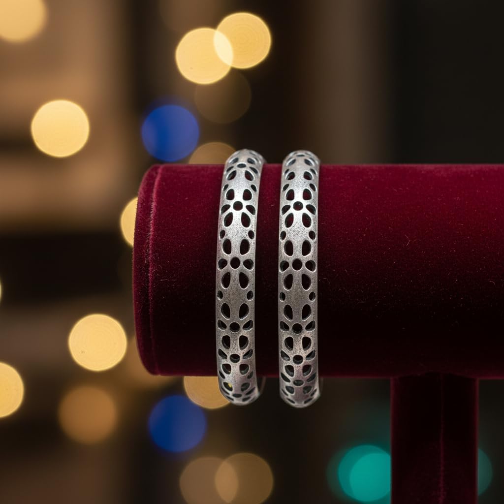 1512-Pretty Precious Oxidised Silver Bangles, Traditional Ethnic Style, Size 2.6, 1 Pair (2 Pieces), Antique Finish