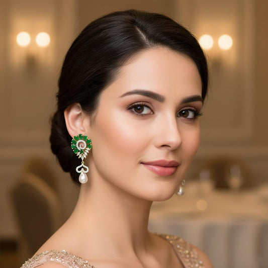 438463-Pretty Precious Two Tone Plated American Diamond Earrings for Women & Girls | AD Cubic Zirconia Stud Earrings | Gold & Silver Tone Elegant Jewellery | Party & Wedding Wear-Green
