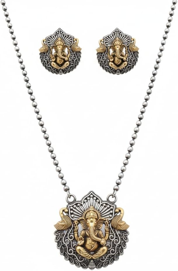 1563-Pretty Precious Latest Stylish Traditional Oxidised Silver Pendant Set for Women & Girls | Ethnic Necklace Jewellery Set for Festive & Casual Wear-Two Tone