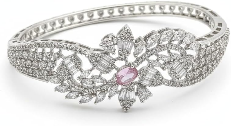 1408-Pretty Precious Rhodium Plated American Diamond Openable Kada Bracelet for Women, Cubic Zirconia, Alloy Steel-Pink