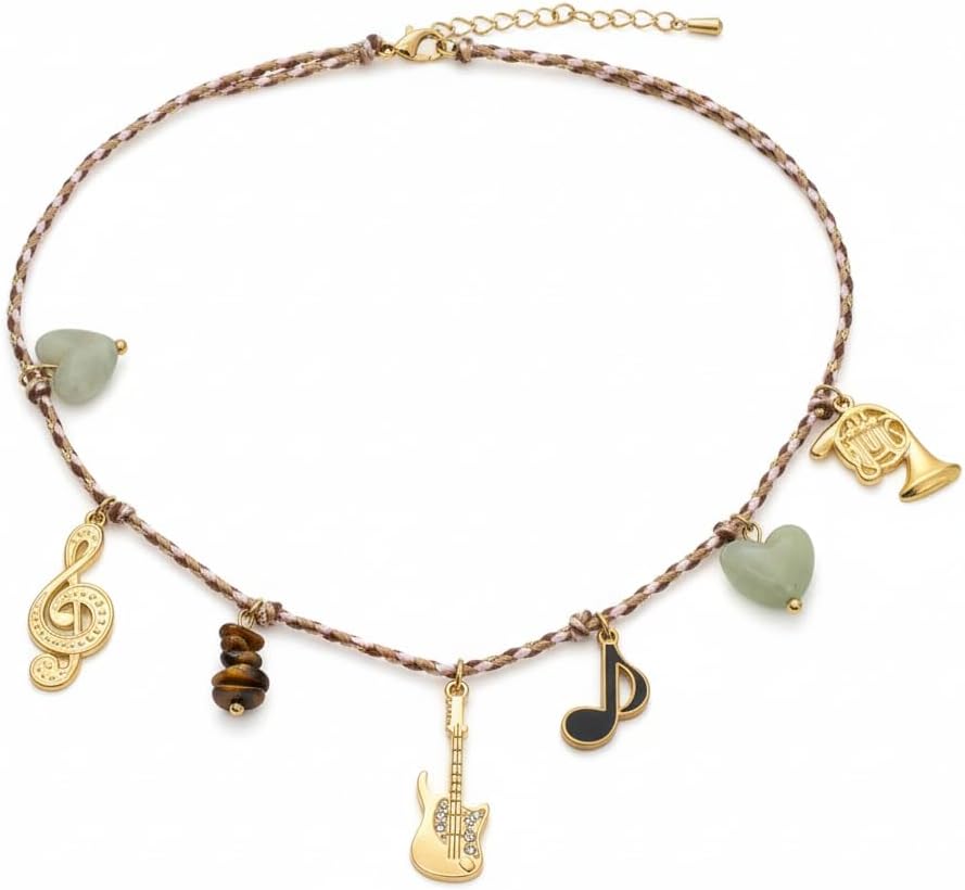 1370-Pretty Precious Mala Music Theme Charm Necklace, Gold-Tone with Heart Beads, Guitar Treble Clef Horn Note-Design-2