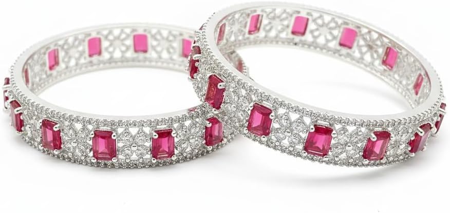 1470-Pretty Precious Rodhium-Plated Cubic Zirconia/American Diamond Traditional Bangles/Bracelet Set of 2 for Women and Girls -Ruby (Size 2.4)