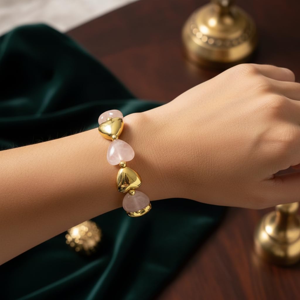 BC2584-Pretty Precious Natural Stone & Pearl Beaded Bracelet for Women | Stretchable Elastic Statement Bracelet | Handmade Fashion Jewellery | Assorted Colours (Pink)