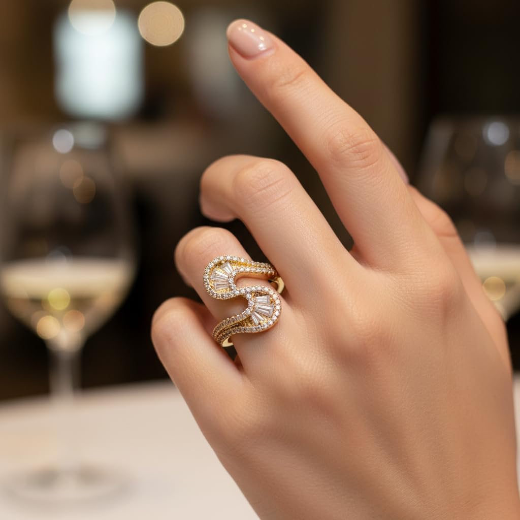 441084-Pretty Precious American Diamond Finger Ring for Women & Girls | Gold Plated AD Ring | Adjustable Elegant Party, Wedding & Daily Wear Jewellery-Two Tone