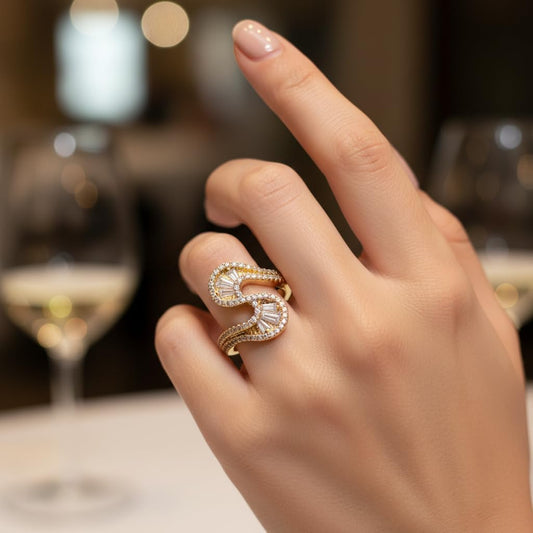 441084-Pretty Precious American Diamond Finger Ring for Women & Girls | Gold Plated AD Ring | Adjustable Elegant Party, Wedding & Daily Wear Jewellery-Two Tone