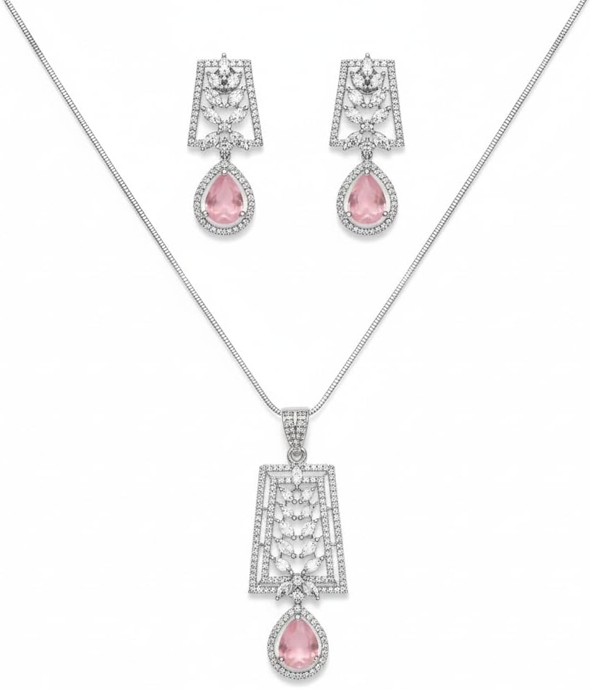 1383-PRETTY PRECIOUS Rodhium-Plated American Diamond Pendant Set with Earrings for Women and Girls, with Chain-Pink