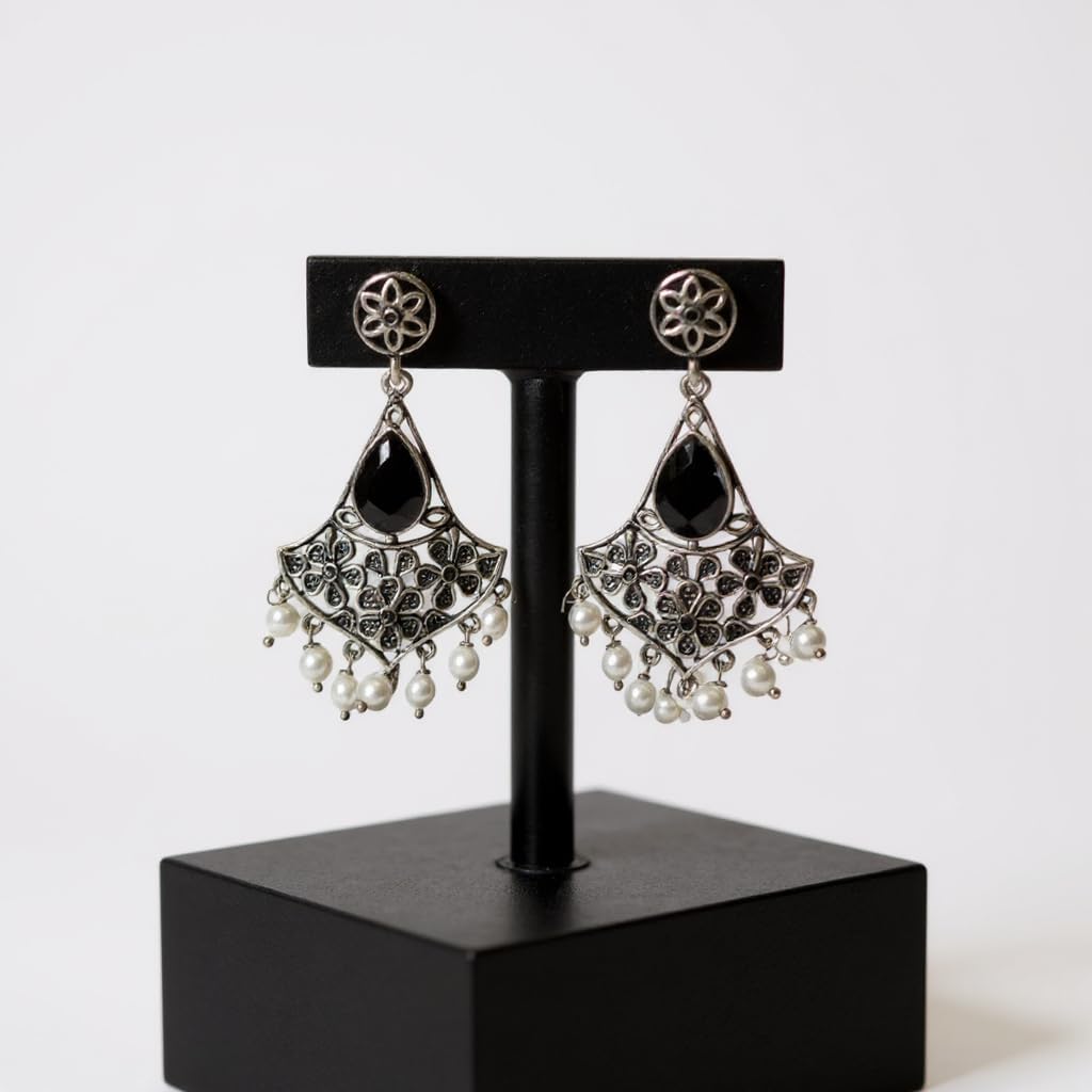 1360-Pretty Precious Oxidised Earrings for Women, Party Wear, Office Wear-Black Stone