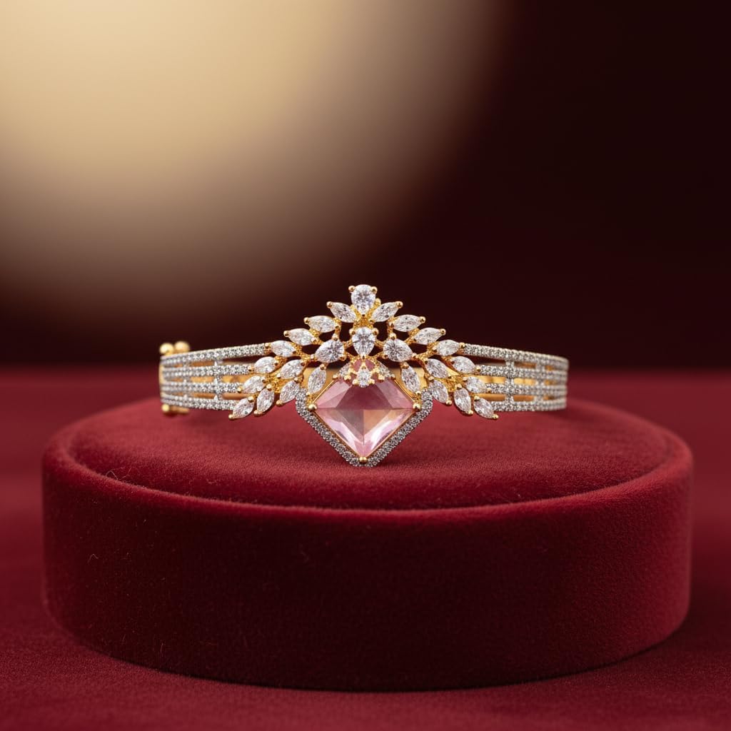 1416-Pretty Precious American Diamond Openable Kada Bracelet for Women, Gold & Silver Plating, Cubic Zirconia, One Size, Party & Wedding-Pink
