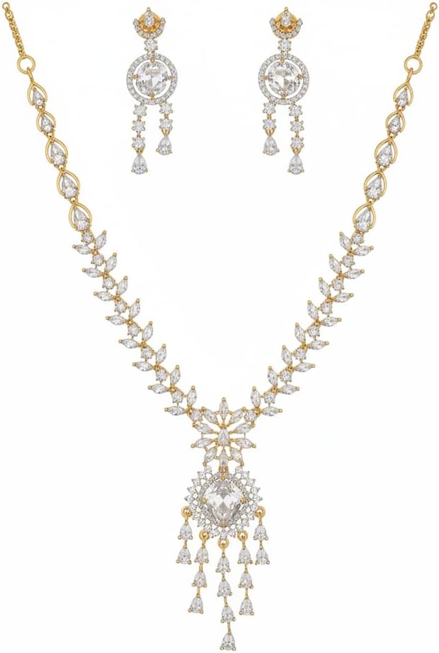 1406-Pretty Precious AD Necklace Set for Women | Two Tone American Diamond Necklace & Earrings Set | Party, Wedding & Festive Jewellery-White Colour