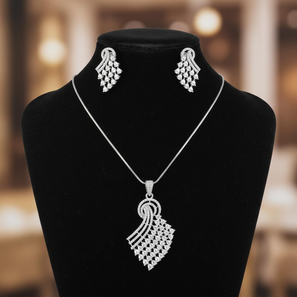 1384-PRETTY PRECIOUS Rodhium-Plated American Diamond Pendant Set with Earrings for Women and Girls, with Chain-White