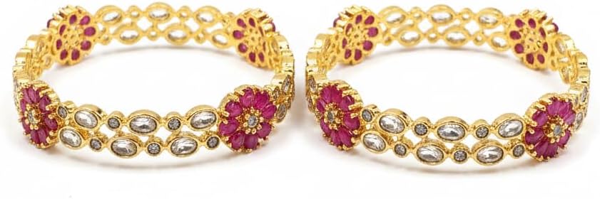 1489-Pretty Precious Gold Plated Cubic Zirconia/American Diamond Traditional Bangles/Bracelet Set of 2 for Women and Girls- Ruby (Size 2.8)