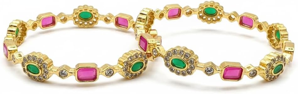 1488-Pretty Precious Gold Plated Cubic Zirconia/American Diamond Traditional Bangles/Bracelet Set of 2 for Women and Girls- Ruby Green (Size 2.4)