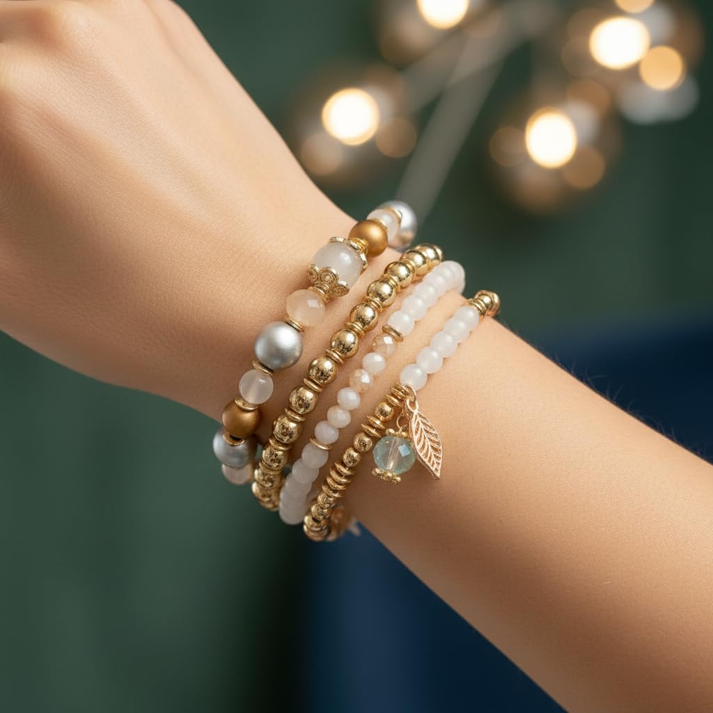 BC26154-Pretty Precious Boho Stackable Beaded Bracelet Set – Elastic Bracelets for Women – Coastal Inspired – Adjustable Handmade Beaded Bracelet (4-Piece Set)-Assorted Colour (White-Golden)