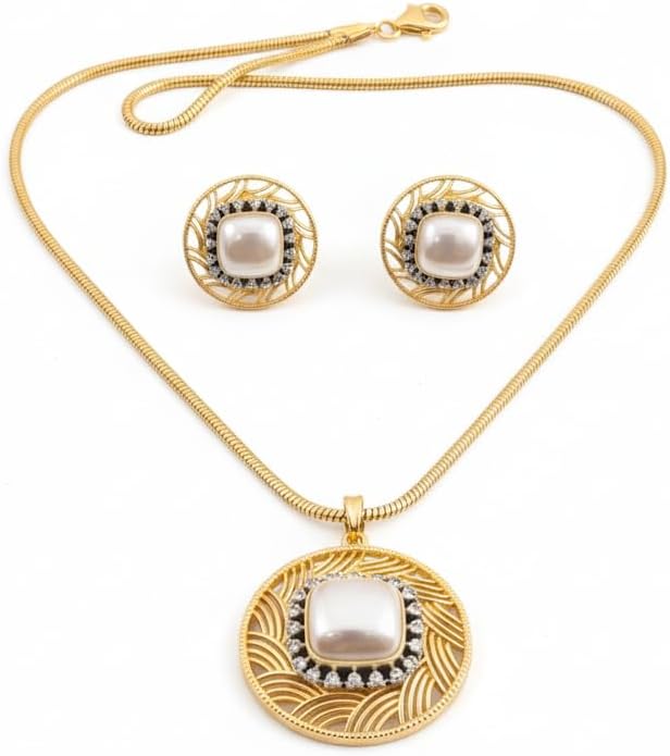 1389-Pretty Precious AD Two Tone Pendant Set for Women | American Diamond Pendant with Earrings & Chain | Elegant Party, Wedding & Daily Wear Jewellery-Pearl (Moti)